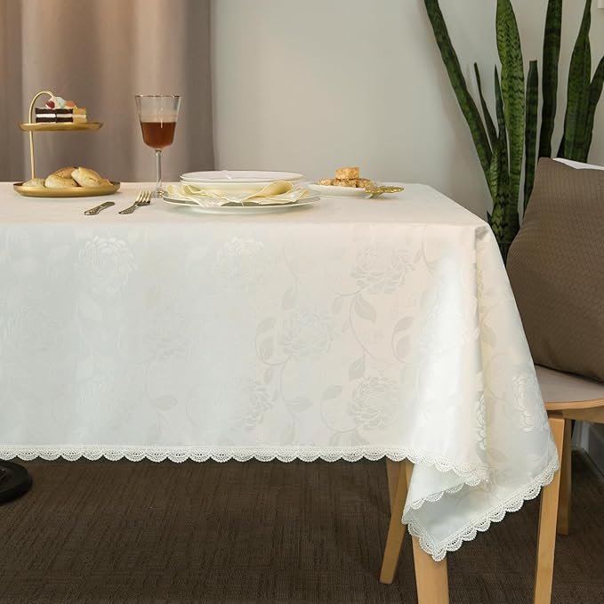 Rose Jacquard Textured Tablecloth Waterproof Spillproof Lace Trim Rectangle Table Cloth, Oblong Table Cover for Kitchen Dinning Tabletop Decor,60x120 Inch,Ivory White