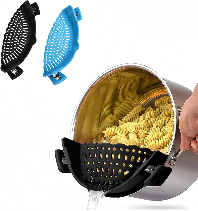 2 PACK Silicone Clip-on Strainer - Fits Pots, Pans & Pasta, Hands-Free Food Strainer for Ground Beef, Spaghetti, Pasta, Compatible with All Bowls and Pots (Black,Blue)
