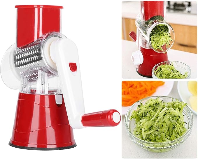 3-In-1 Rotary Cheese Grater Shredder Mandoline Slicer Vegetable Chopper with 3 Interchanging Stainless Steel Drums Blades(Red)