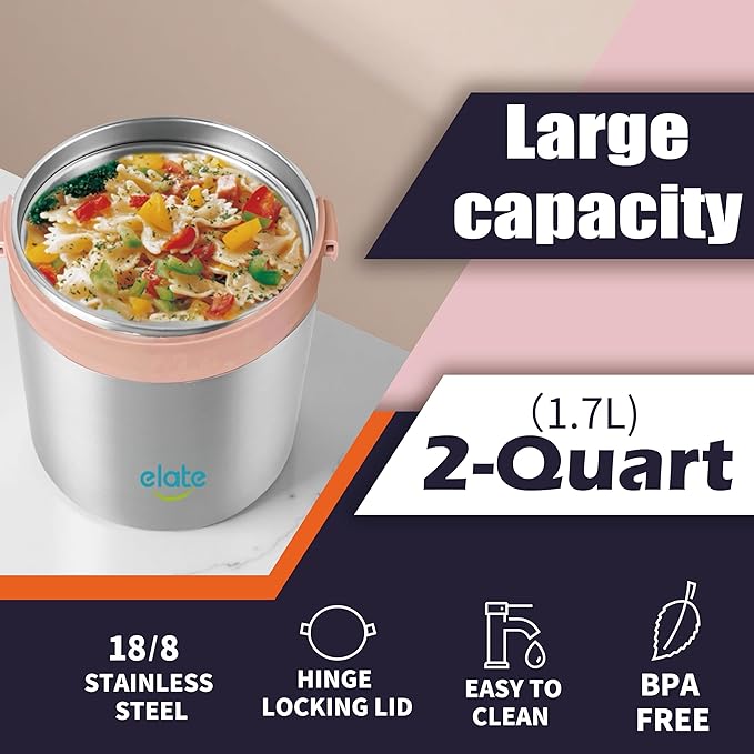 Elate 2-Quart Camp Crock Thermos for Hot/Cold Food | 64oz Stainless Steel Vacuum-Insulated Jar, Wide-Mouth Thermal Food Container, Portable Lunch Pot for Outdoor, Camping, Picnics, Trips, Potlucks