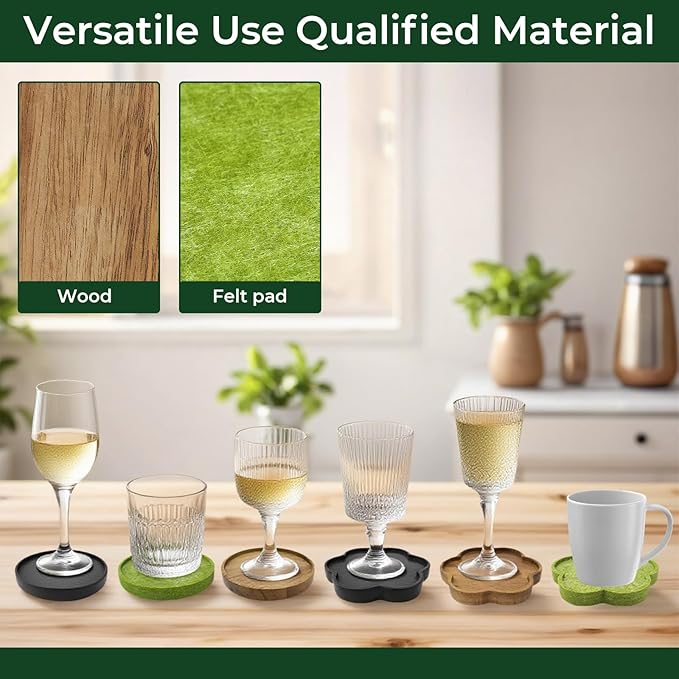 8-Piece Acacia Wood & Absorbent Felt Coaster Set with Stand, Decorative Flower Design - 4" Minimalist Drink Holders for Cold & Hot Drinks, Rustic Modern Decor for Bar & Office - Natural