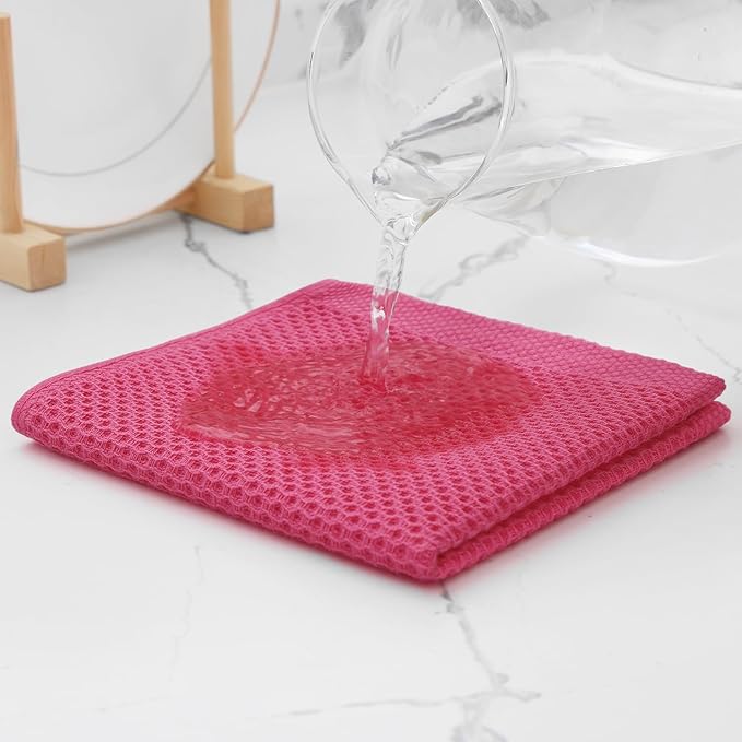 Kitinjoy 100% Cotton Kitchen Dish Cloths (12 X 12 Inches, Hot Pink), 6 Pack Waffle Weave Ultra Soft Absorbent Dish Towels for Drying Dishes Quick Drying Kitchen Towels Dish Rags