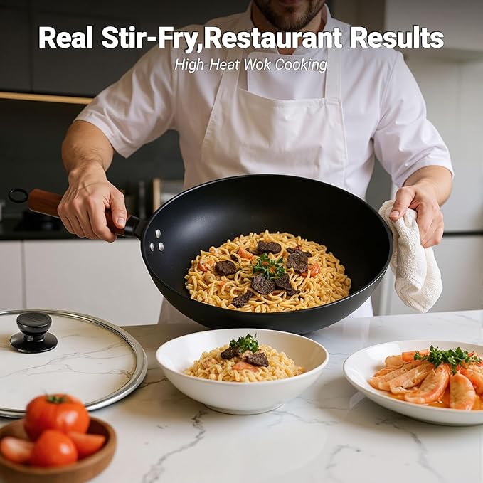 Abangdun Carbon Steel Wok Pan, Nitrided Pre-Seasoned Round Bottom Woks & Stir-Fry Pans Nonstick, Chinese Wok with Glass Lid & Steel Rack for Gas for All Concave Stovetops, Gift for Chef - 13.4"
