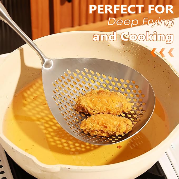 Skimmer Slotted Spoon, 304 Stainless Steel Spider Strainer Skimmer Ladle Spoon for Cooking and Frying, Pasta, Spaghetti, 4.3 inch, Dishwasher safe