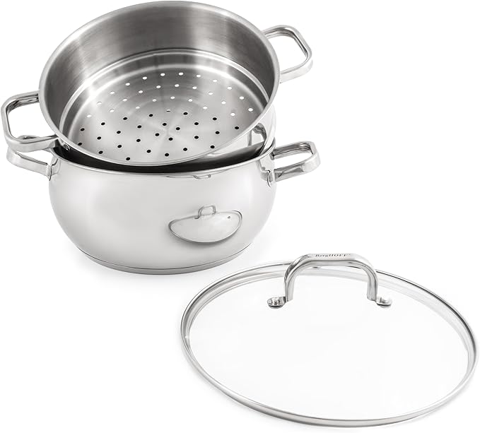 BergHOFF Belly Shape 18/10 Stainless Steel 9.5 inches Stockpot 5.5qt., Glass Lid with Steam Vent, Fast, Evenly Heat, Induction Cooktop Ready