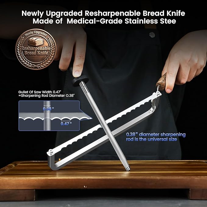 2025 Upgrade Bread Knife for Homemade Bread, World's 1st Real Bow-Design Sourdough Bread Slicer, Razor-Sharp Cutter for Crusty Sourdough & Baguette, 4 Thickness Scale Marks, Christmas gift