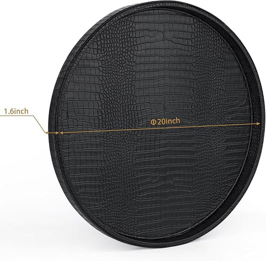 HofferRuffer Round Serving Tray 20'', Elegant Faux Leather Circle Ottoman Table Tray, Serve Tea Coffee Breakfast in Bedroom Living Room Kitchen (Classic Black)