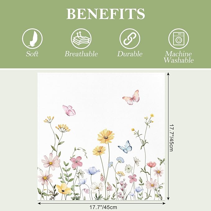 Floral Butterfly Napkins, 18×18 Inch French Country Dinner Cloth Napkins Set of 4, Washable Cotton Soft Absorbent Square Napkins for Dining Kitchen Party Wedding Decoration