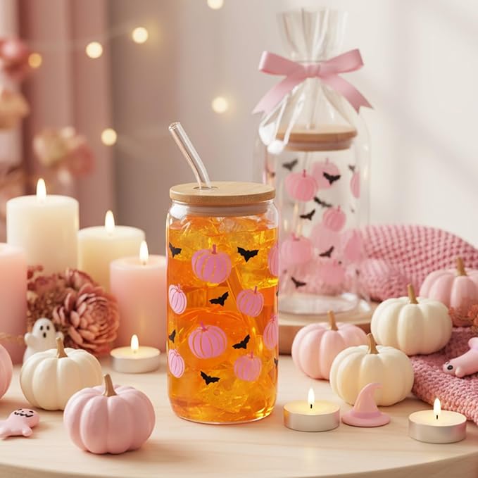 Sliner 2 Pcs Halloween Glass Cups Pink Pumpkin Bat Drinking Tumbler Fall Thanksgiving Gifts 16 oz Cute Iced Coffee Cup with Lid Straw Cleaning Brush for Autumn Home Office Holiday Decorations
