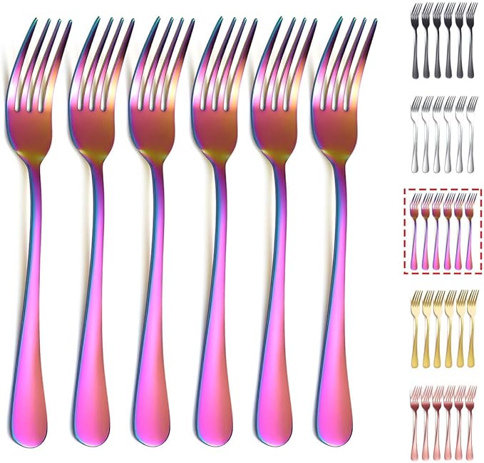Kyraton Rainbow Dinner Fork 6 Pieces, Stainless Steel 8.17 Inch Forks Colorful Titanium Plating Silverware, Mutil-Color Forks Set of 6