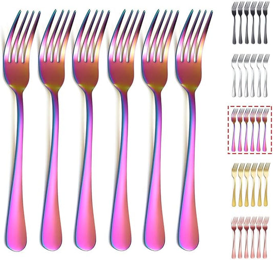 Kyraton Rainbow Dinner Fork 6 Pieces, Stainless Steel 8.17 Inch Forks Colorful Titanium Plating Silverware, Mutil-Color Forks Set of 6