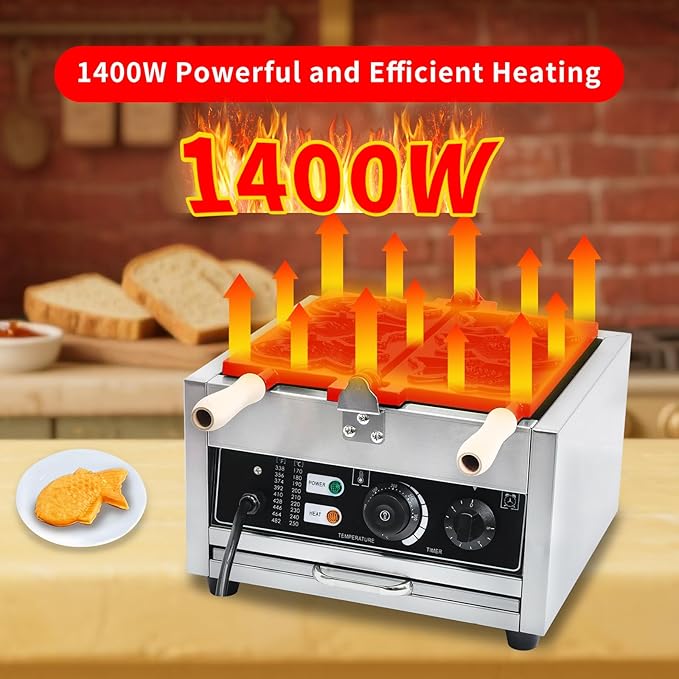 Taiyaki Fish Waffle Maker 3PCS Electric Taiyaki Machine, Non-Stick Teflon Coating Fish Shaped Waffles Iron,110V 50-300℃/122-572℉ Adjustable