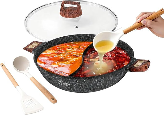 Rosewill 4.2QT Double Flavor Non-Sticking Shabu Shabu Hot Pot with Divider, 13 inch Divided Stockpot for Cooking, Hot Pot for Induction Cooktop & Gas Stove, Electric Burner - Dark Gray