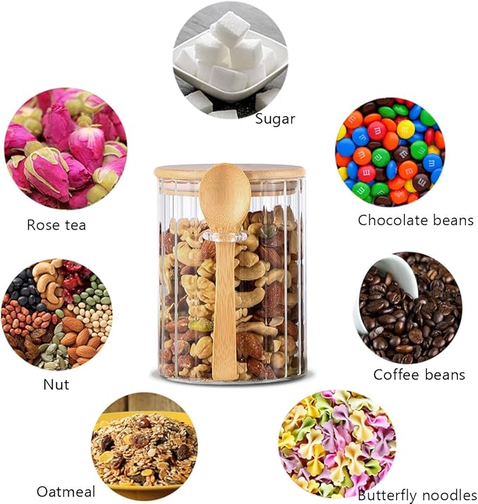 Glass Jar Sugar Container with Bamboo Spoons Lids 16 oz Sugar Bowl Coffee Bar Food Storage Jar Cereal Nuts Salts Coffee Tea Flour Sugar Container Spice（2Pack）