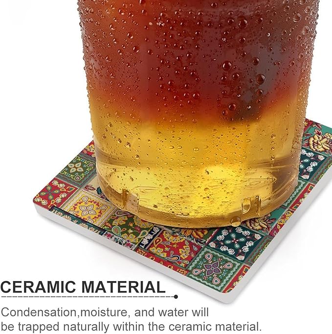 Floral Drink Coasters, Square Ceramic Drink Coaster Square-6PCS, Abstract Perris Flower Nature Plant Colorful Boho Floral Decor Absorbent Ceramic Coasters for Beverage Cup, Bar, Coffee Table