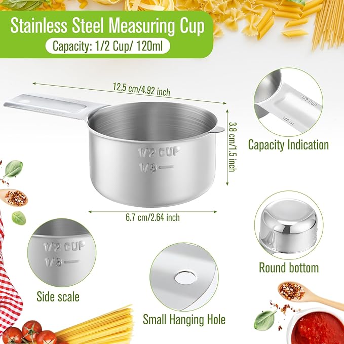 Honeydak 12 Pcs 1/2 Cup Measuring Cup Stainless Steel Metal Measure Scoop Single Measurement Scoop for Kitchen Coffee Wet and Dry Ingredients Dog Food
