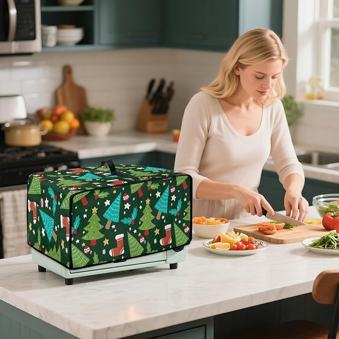 Doojoayie Christmas Tree Toaster Cover 4 Slice Decorative Toaster Oven Cover for Holiday Home Decor Universal Fit Kitchen Appliance Covers with Top Handle Belt, Easy to Storange