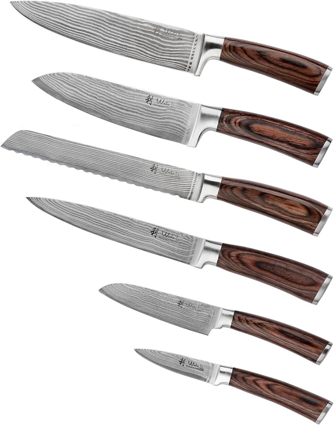 Wakoli EDIB 6-Piece Damascus Knife Block Set – Professional Kitchen Knives with Magnetic Acacia Block – Kitchen Knife Set made of 67-Layer Damascus Steel Blades & Ergonomic Pakkawood Handles