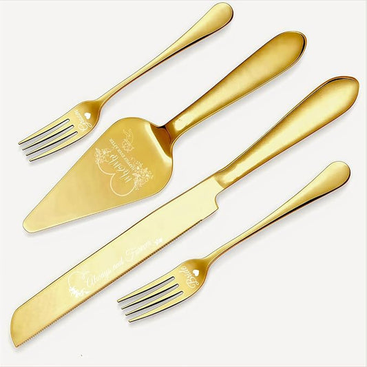 4 Pieces Wedding Cake Cutting Set Knife and Forks Set Wedding Cake Knife and Server Set Sliver Forks Engraved Mr. and Mrs.for Engagements, Anniversaries, Bride and Groom (GOLD GROOM&BRIDE)