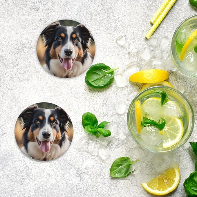 Border Collie Dog Round Coasters Set of 2, Absorbent Ceramic Coaster with Cork Base, Bar Coasters for Drinks Coffee Mugs Tea Cups Wine Glasses Home Decor Gifts (4 inches Diameter)