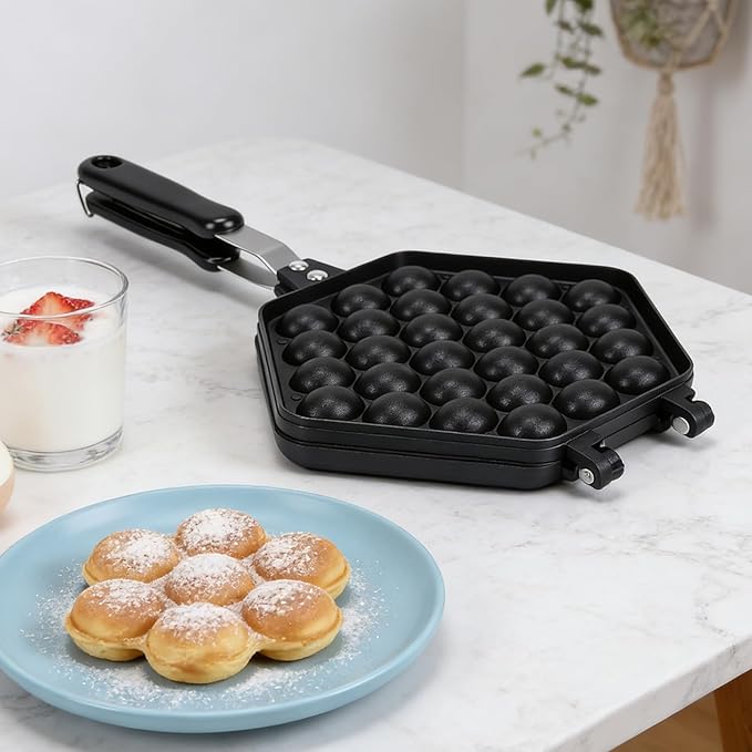 Bubble Waffle Pan, Premium Cast Aluminum Anti Stick Stovetop Waffle Maker with Fixed Bracket and Stainless Steel Handles, for Home Commercial Use