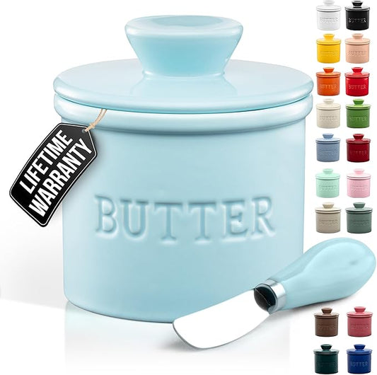Zulay Kitchen Bell Shaped Butter Crock with Lid for Countertop with Water Line & Spreader Knife, Ceramic French Butter Dish Keeper For Fresh, Soft & Spreadable Butter - Light Blue