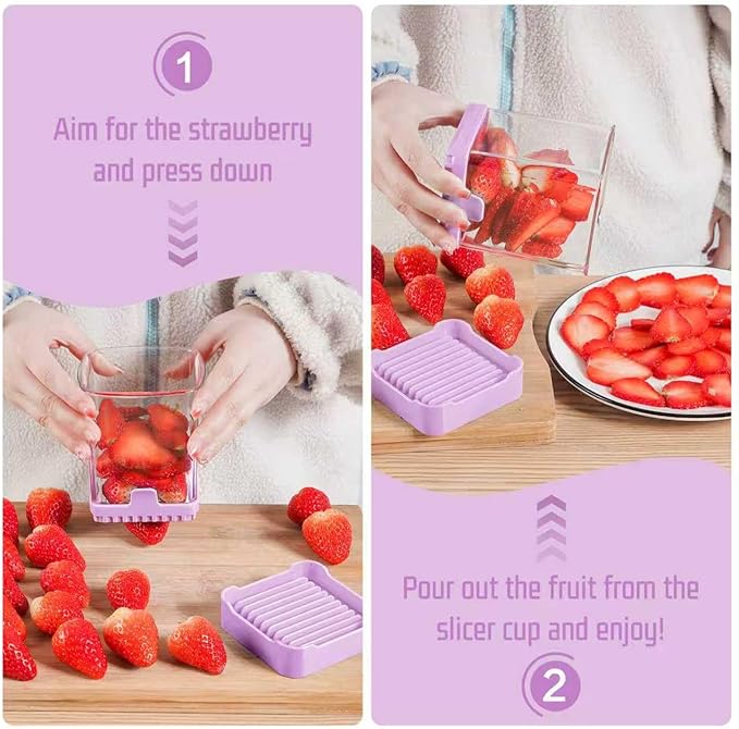 Fruit Slicer Cup for Strawberry, Banana, Hard-Boiled Egg - Detachable Cutter with Push Plate - Rapid & Safe Slicing Kitchen Gadget for Quick Meal Prep (Purple)
