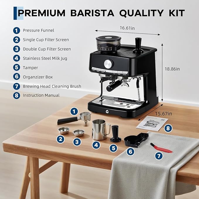 Professional Espresso Machine with Built-in Grinder, 20 Bar Pressure Stainless Steel Coffee Maker with Milk Frother, 1.5l Removable Water Tank for Latte & Cappuccino, Ideal for Home & Office Use