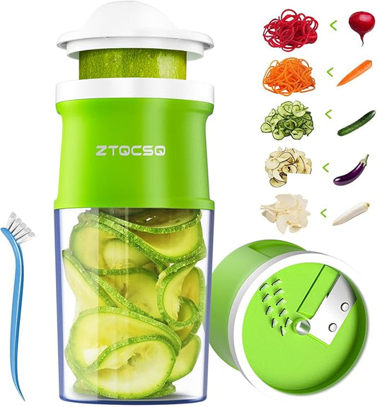 3 in 1 Vegetable Spiralizer Slicer, Adjustable Thickness 0-3mm, Zucchini Spiralizer Veggie Noodle Maker for Cucumber/Zoodle/Salad/Spaghetti/Pasta with Food Container, Cleaning Brush, Green