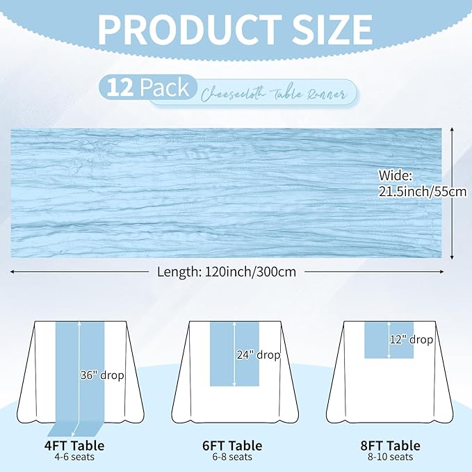 12 Pack Baby Blue Cheesecloth Table Runner 10Ft, Gauze Table Runners 21.5 x 120 inch,Semi Sheer Cheese Cloth Fabric Runner Bulk for Wedding,Party,Baby Shower,Bridal Shower