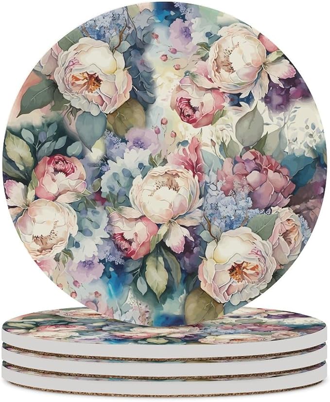 Round-4PCS Floral Drink Coasters, Round Modern Ceramic Absorbent Coasters, Watercolour Abstract Nature Plant Floral Colorful Wildflower Decor Desk Coffee Table Coaster for Beverage Cup Tea Coasters