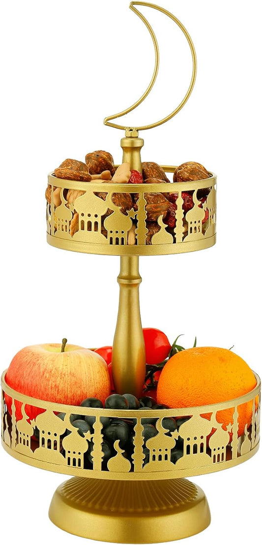 2 Tiered Ramadan Serving Trays Decorations for Home - Eid Mubarak Metal Platters Table Decor Gifts, Islam Muslim Al-Fitr Iftar Party Food Display Dishes (Palace Pattern)