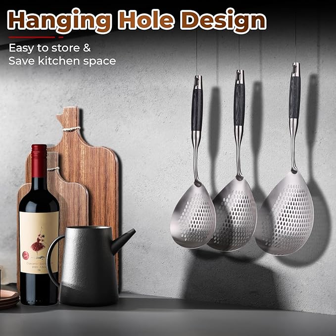 MARTE Skimmer Slotted Spoon,304 Stainless Steel Pasta Spider Strainer Ladle for Frying and Cooking,Set of 2 Kitchen Colanders & Food Strainers，Serving Spoon with Heat-Resistant Solid Wood Handle
