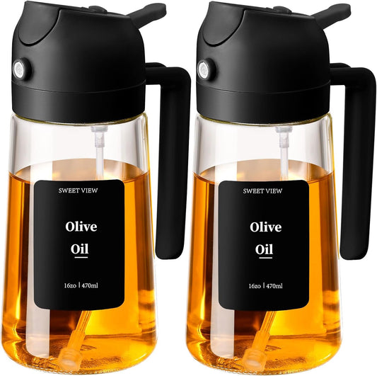 2PCS Oil Sprayer for Cooking, 470ml 2 In 1 Sprayr & Pour, Glass Olive Oil Dispenser Pourer for Kitchen, Air Fryer, Cooking, Salad, BBQ (Black,Black)