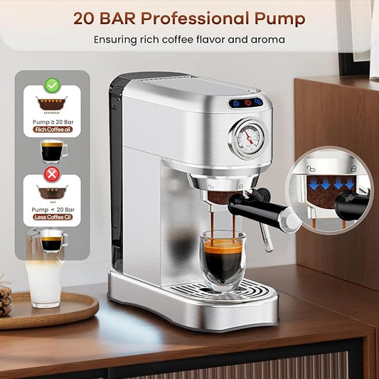 ANYCOLD Espresso Machine, 20 Bar Compact Espresso Maker with Steam Milk Frother, Stainless Steel Expresso Machines for Home, 34oz Removable Water Tank for Latte, Cappuccino, Silver