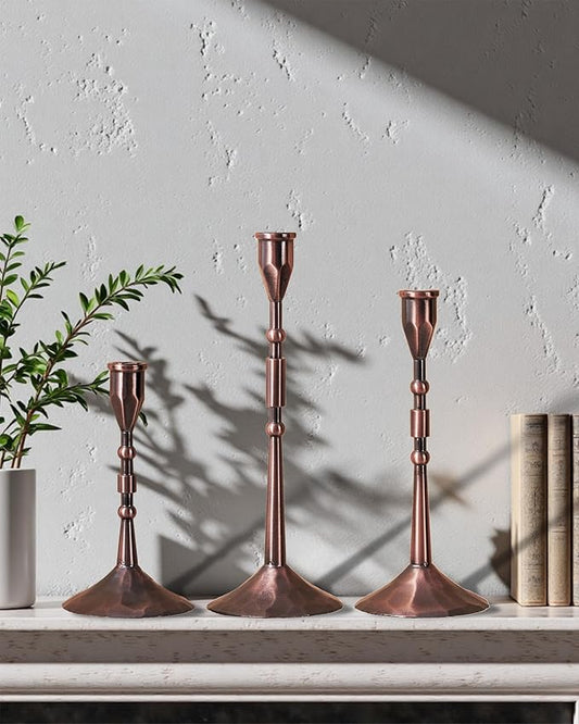 Vintage Taper Candle Holders Set | Handmade 3-Piece Candlestick Decor for Table Centerpiece, Farmhouse Kitchen & Party Lighting (Reddish Bronze)