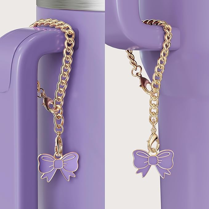 Compatible with Stanley Cup Accessories - 3Pcs 10mm Bow Straw Topper Compatible with Stanley Cup Straw Cover Cap, 2pcs Purple Bow Charms for 30&40 Oz Tumbler with Handle