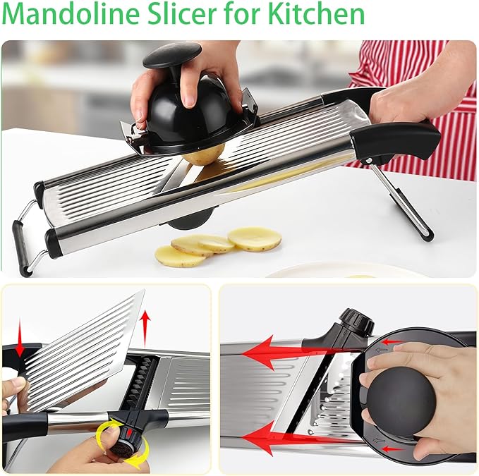 Stainless Steel Mandoline Slicer & Onion Chopper - French Fry Cutter with Safety Pusher | No-Cut Glove & Click-Lock | Adjustable 3-9mm Slices/4.5-9mm Shreds