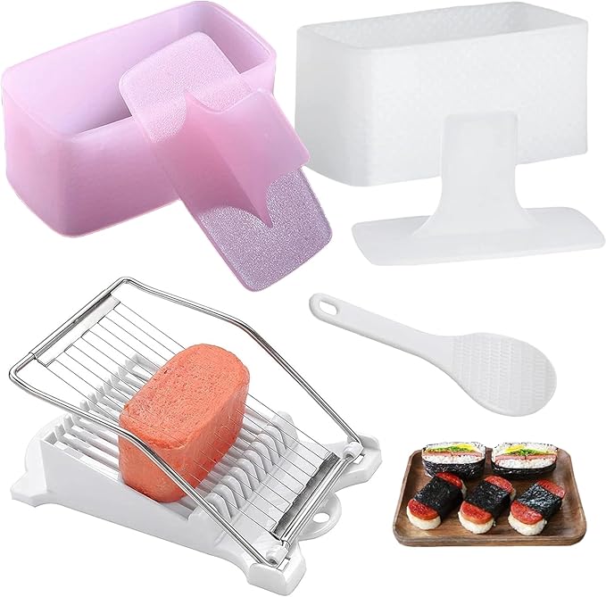 Spam Musubi Mold, 4 Pcs Musubi Maker Kit Spam Slicer Musubi Press Sushi Rice Onigiri Mold Set Egg Cutter for Luncheon Meat Hot Dog Cheese Strawberry Lunch Bento