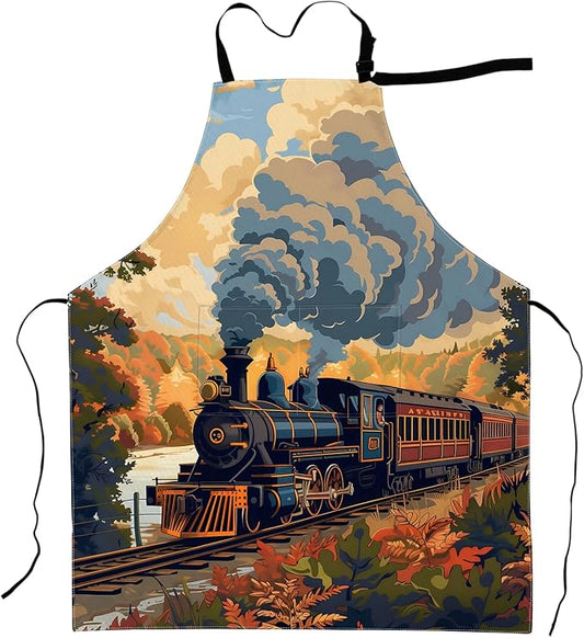 Vintage Train Apron Retro Steam Engine in Autumn Landscape Aprons Waterproof Oxford Polyester Adjustable Pockets Design for Cooking Decor, Gifts for Travel Enthusiasts Railway, 28x33 Inch