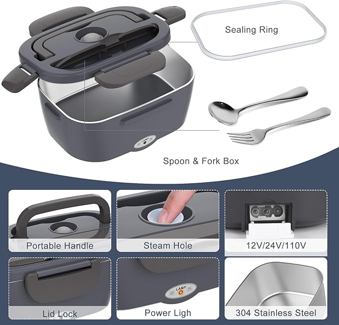 Electric Lunch Box Food Heater 3 in 1 Portable Warmer Leakproof Heated Box for Adults, Heating Microwave for Car/Home with 2 Removable Stainless Steel Container, 12V/24V 110V