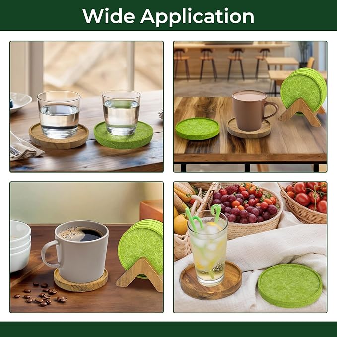 Acacia Wood Coaster Set of 8 with Holder - Dual-Material Design (4 Wood & 4 Absorbent Felt Pads) - 3" Non-Slip Furniture Protectors for Coffee Table, Home Bar & Office, Round Coaster Set