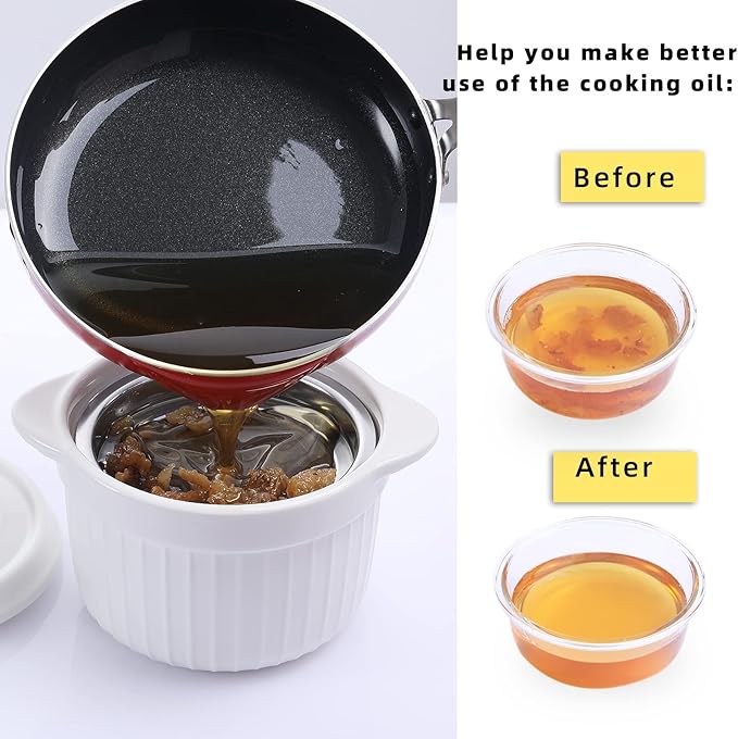ONTUBE Ceramic Bacon Grease Container Keeper with Strainer, Frying Oil Storage Can, White