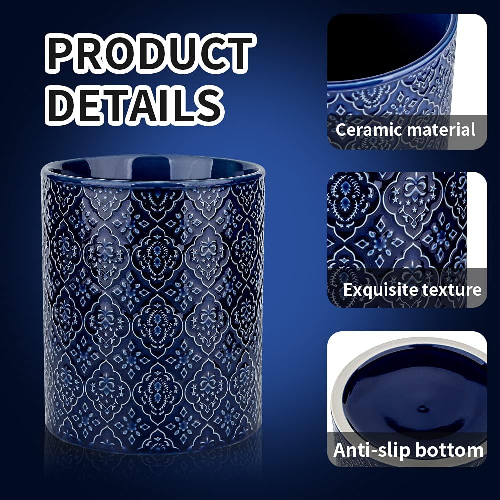 KOOV Kitchen Utensil Holder, Large Utensil Holders for Countertop, 6 x 7 Inches Ceramic Utensil Crock, Deep and Stable, Cooking Utensil Holder, Embossed Pattern (BLue)
