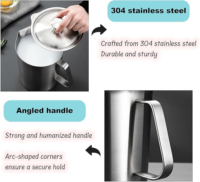 2L Measuring Cup, 304 Stainless Steel Pitcher with Lid, Liter/Oz Marking and Handle, Large Mouth Graduated Beaker, Food-grade Metal Milk Frothing Pitcher (70Oz 8 Cup)