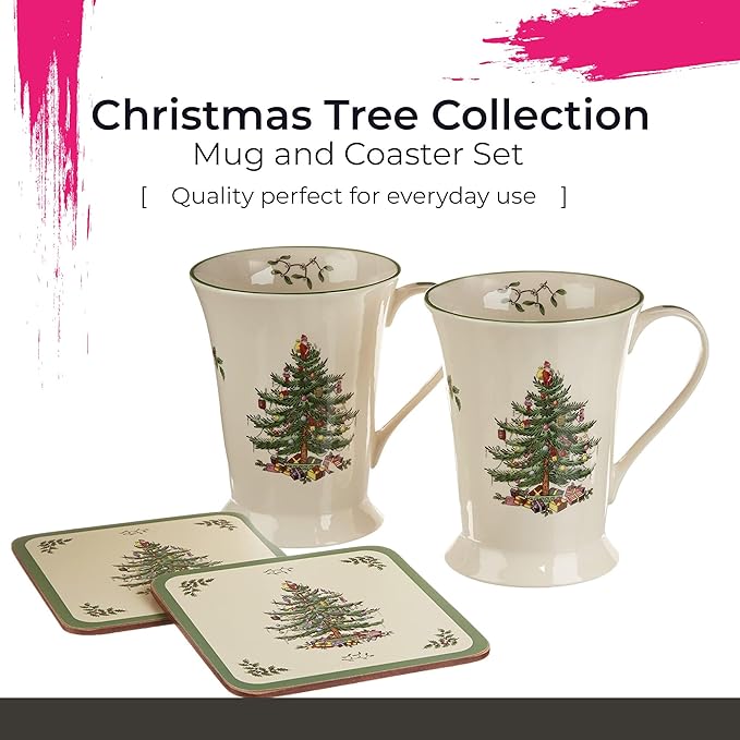 Spode Pimpernel 10 oz Mug & Coaster Set – 2 Porcelain Coffee Cups with Handles & 2 Square 5mm Cork-Backed Drink Mats, Durable Heat & Stain Resistant Table Accessories for Dining, Kitchen & Home