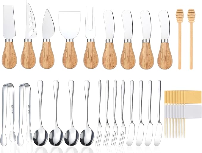 26 Pcs Charcuterie Boards Accessories, Cheese Knife Set with Wooden Handle, Service for 4 Charcuterie Utensils Include Mini Cheese Spreader Knives, Forks, Tongs, Spoons, Honey Dipper for Appetizers
