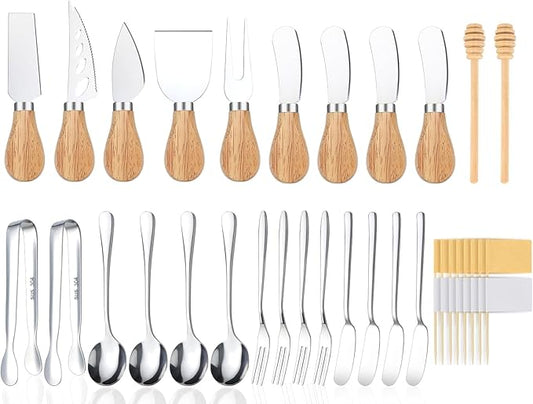 26 Pcs Charcuterie Boards Accessories, Cheese Knife Set with Wooden Handle, Service for 4 Charcuterie Utensils Include Mini Cheese Spreader Knives, Forks, Tongs, Spoons, Honey Dipper for Appetizers