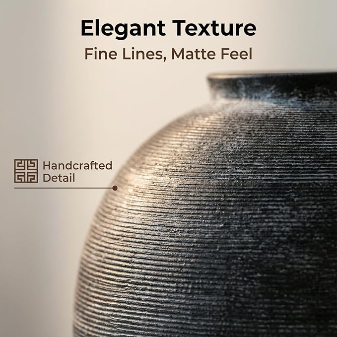 Large Black Ceramic Vase Home Decor, Round Farmhouse Table & Floor Vases Rustic Vintage Living Room Entrway Kitchen Bedroom Decorations，Minimalist Hand-Made Textured Vase (10.8” H Black Bronze)