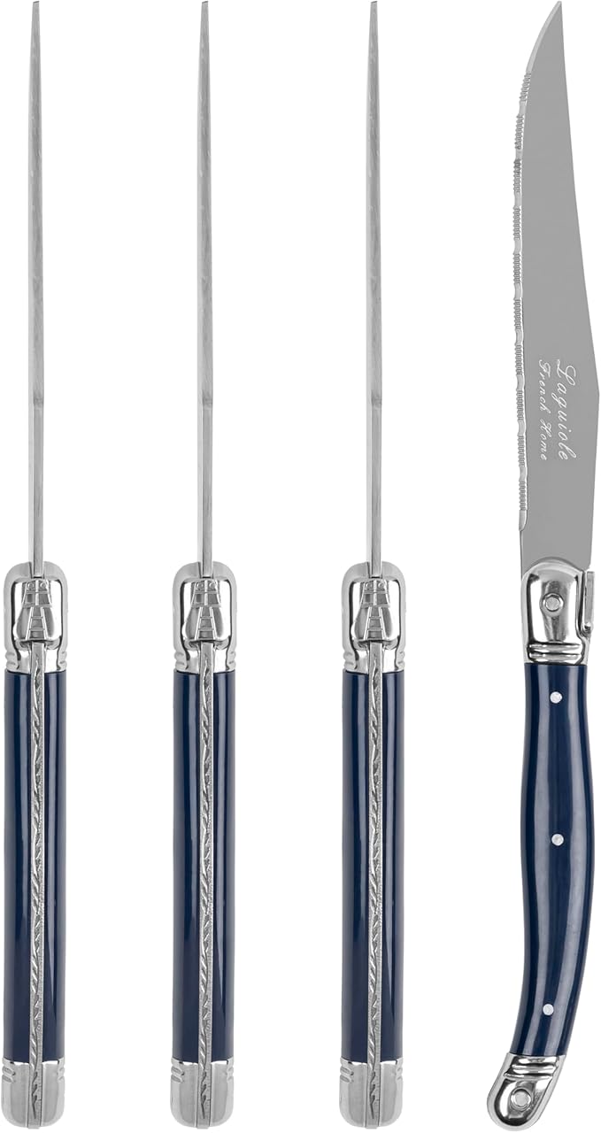 French Home Laguiole Connoisseur 4-Piece Steak Knife Set – Stainless Steel with Navy Blue Handles, Etched Detailing & Napoleon Bee Emblem – Serrated Knives for Smooth Cutting (9.25")